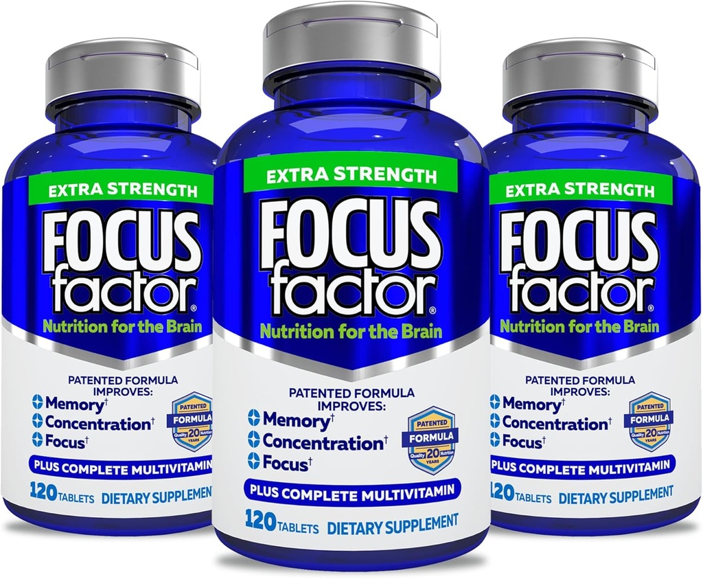 Focus Factor Voksne Ekstra Styrke, 120 Count- Brain Supplement for Memory, Koncentration, Focus-DMAE, D-vitamin, DHA- Brain Health Supplement - Trusted Formula- Brain Vitaminer, Focus Pills (3 Pack)