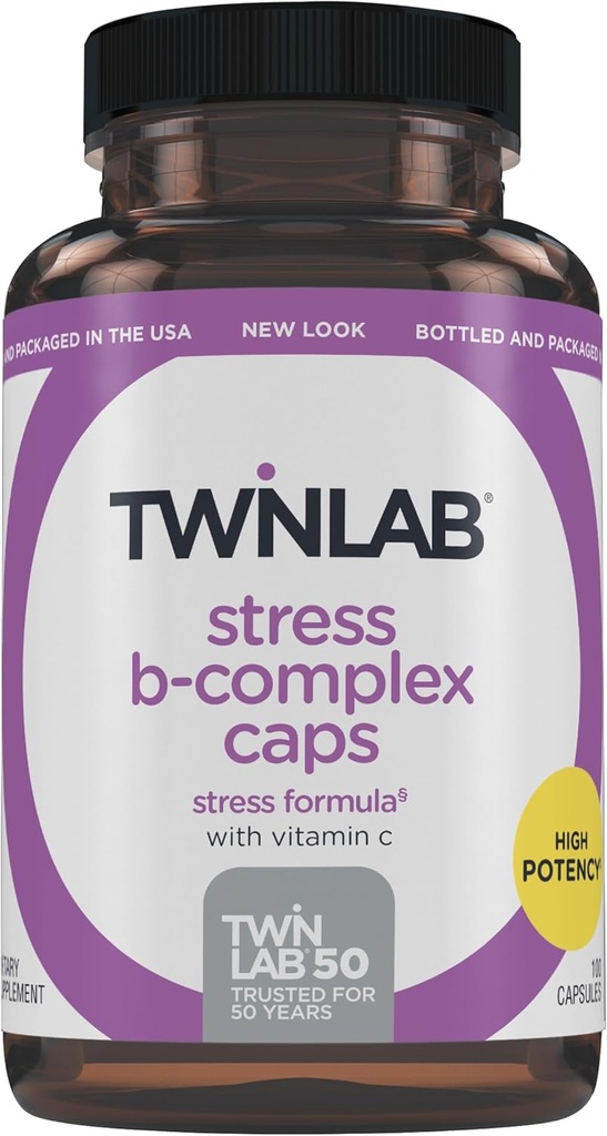 Twinlab Stress B- Complex Caps - Complete B- Complex & 1000 mg C-vitamin - Energy Support Supplement med vitamin B12 og B6- 100 kapsler