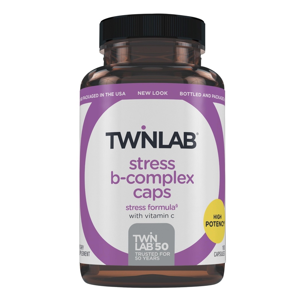 Twinlab Stress B- Complex Caps - Complete B- Complex & 1000 mg C-vitamin - Energy Support Supplement med vitamin B12 og B6- 100 kapsler