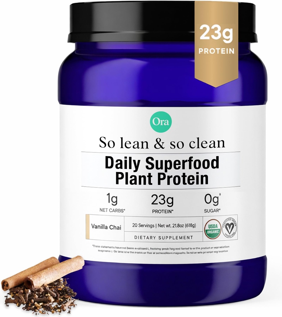 Ora Organic Vegan Protein Powder - 23g Plant- baseret Protein Powder for kvinder og mænd - 124; Clean Protein Source, Keto Friendly, Gluten Free, Paleo, Dairy- Free, Soy- Free - Vanilla Chai - 20 Servere