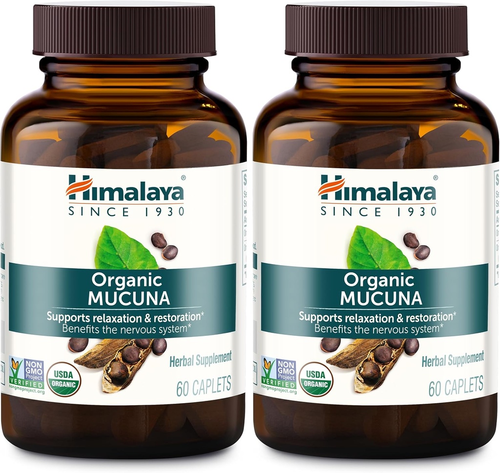 Himalaya Organic Mucuna Herbal Supplement, understøtter afslapning, spænding Relief, hjerne funktion, non-GMO, USDA Organic, Vegan, Gluten Free, 600 mg, 60 Plant- Caplets, 2 Pack, 120 Day Supply