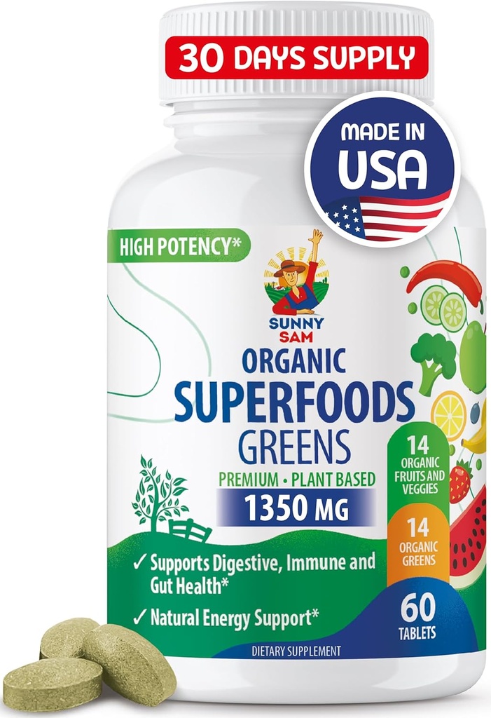 SUNNY SAM Super Food Green Kosttilskud til voksne - 60 tabletter - Økologisk Super Green med rigtige frugter, grøntsager og urter til naturlige fordøjelse og energistøtte