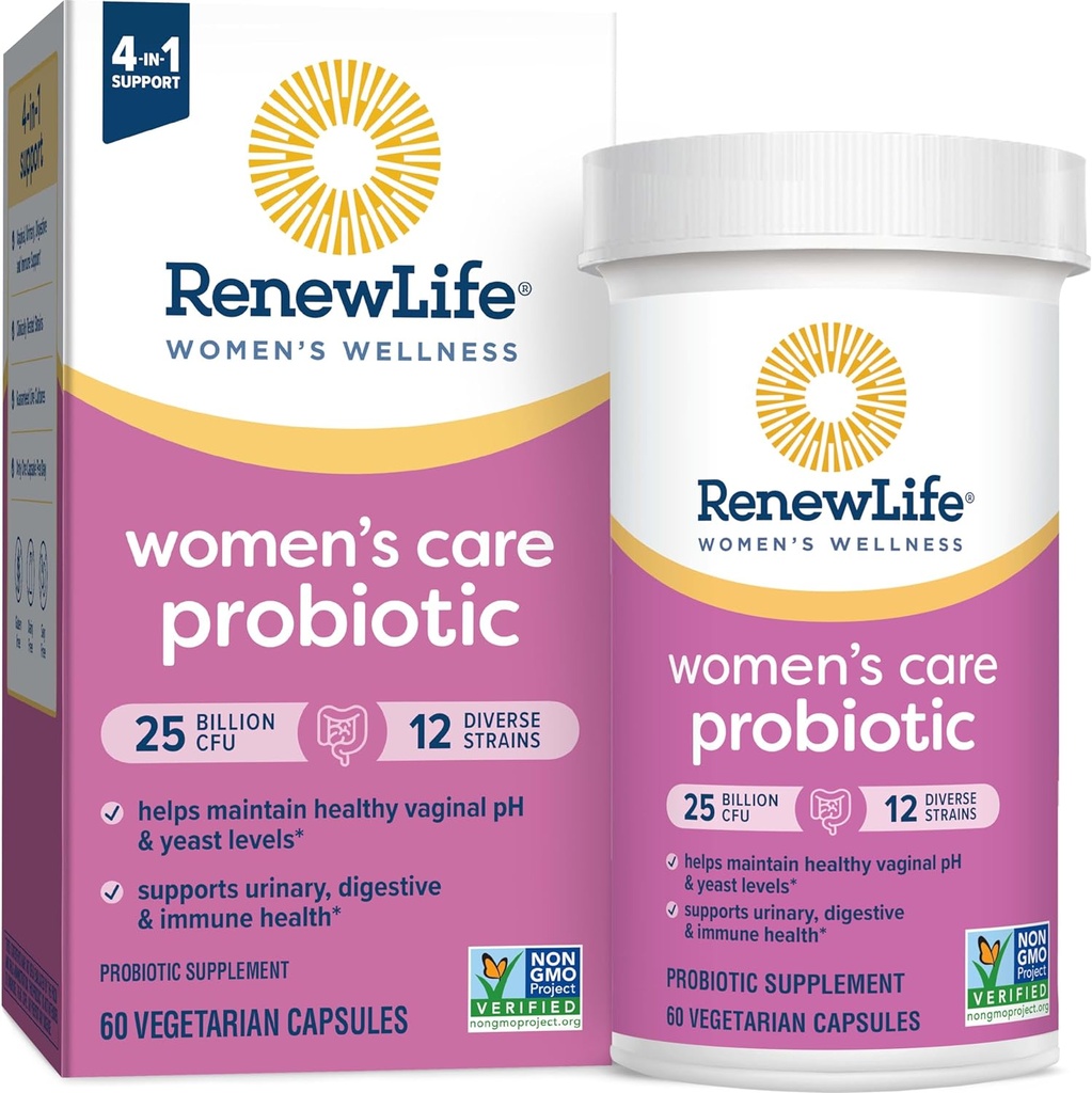 Renew Life Women 's Probiotic Capsules, Understøtter pH-balance for kvinder, Vaginal, urinveje, fordøjelses- og immunsundhed, L. Rhamnosus GG, Dairy, Soy og Gluten- Free, 25 milliarder CFU - 60 Ct