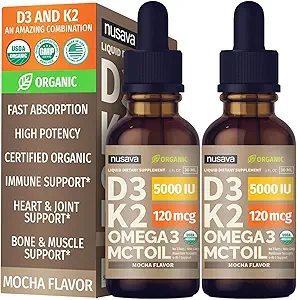 (2 Pack) Økologisk Vitamin D3 K2 dråber med MCT Oil Omega 3, 5000 IE, Maksimal styrke Vitamin D Væske, Ingen Fylder, Non- GMO Væske D3 til Hurtigere Absorption og immunforsvar (Mocha, 2 Fl Oz)