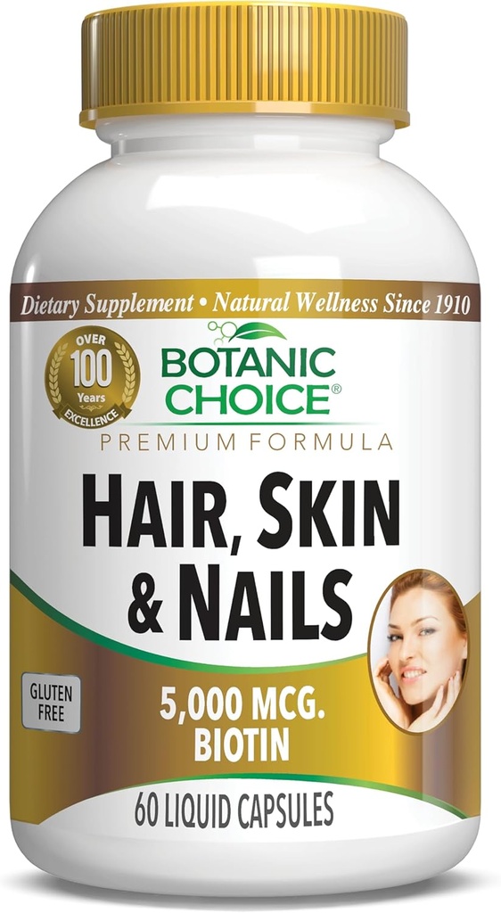 Botanisk valg hår hud og negle vitaminer - biotin supplement med kollagen, C-vitamin, & jern - Super antioxidant blend med Argan Oil & Hyaluronic Acid - 60 flydende kapsler