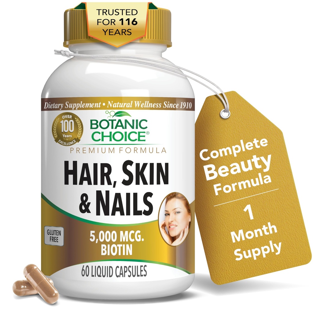 Botanisk valg hår hud og negle vitaminer - biotin supplement med kollagen, C-vitamin, & jern - Super antioxidant blend med Argan Oil & Hyaluronic Acid - 60 flydende kapsler