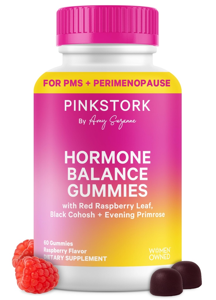 Pink Stork Hormone Balance Gummies for Women – PMS, Menopause & Estrogen Support – Mood, Bloating, Hot Flashes & Energy – Red Raspberry Leaf, Black Cohosh, Primrose – 60 Vegan Gummies