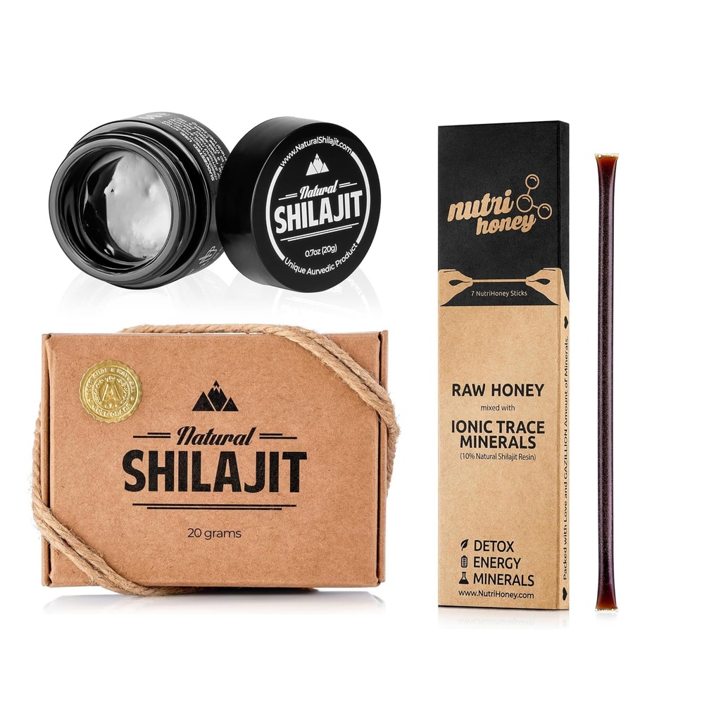 NATURLIG SHILAJIT Resin - 20 Gram Shilajit supplement med Fulvic Acid & Trace Minerals & Shilajit Honey Sticks 7 Tæl