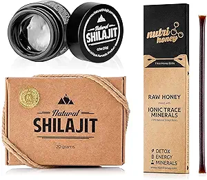 NATURAL SHILAJIT Resin - 20 Gram Shilajit Supplement with Fulvic Acid & Trace Minerals & Shilajit Honey Sticks 7 Count