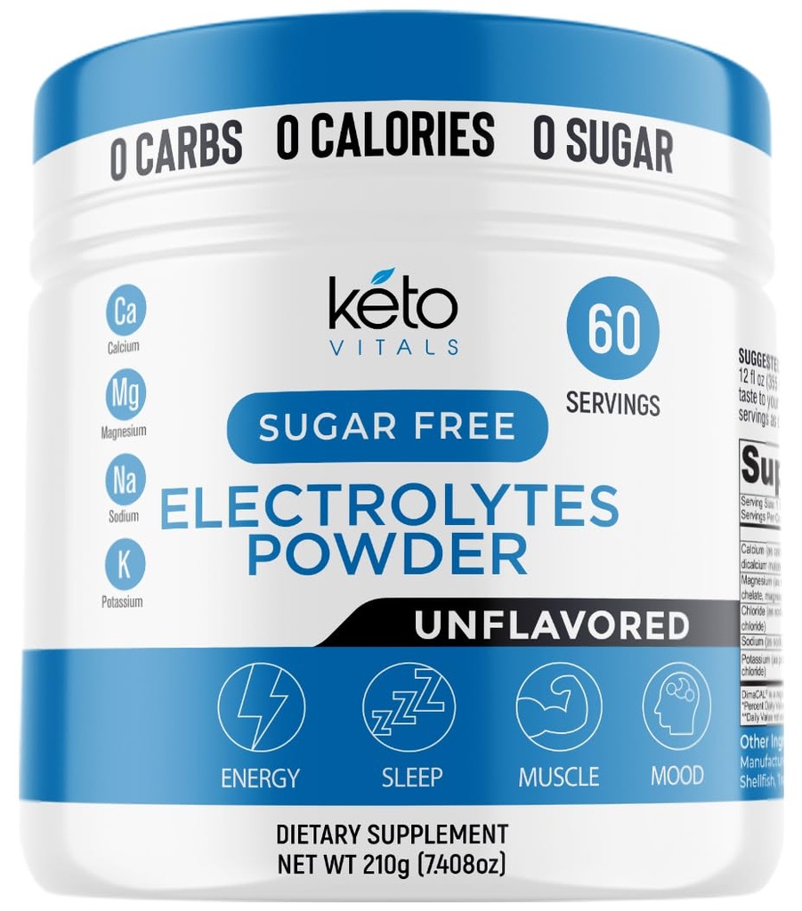 Keto Vitals Unflavored Electrolyte Powder Dex124; Keto- venlige Elektrolyter med Kalium, Magnesium, Natrium, Calcium Dex124; Keto Electrolytes Supplement Drink Mix 124; Sukkerfri, Zero Calories, Zero Carbs