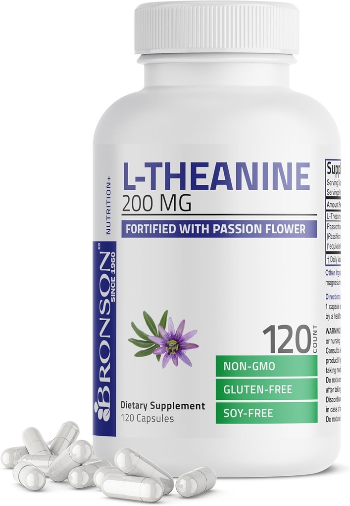 Bronson L- Theanine 200mg (Double- Strength) med Passion Flower Herb, Non- GMO Gluten- Free Soy- Free Stress Management Supplement, 120 Kapsler