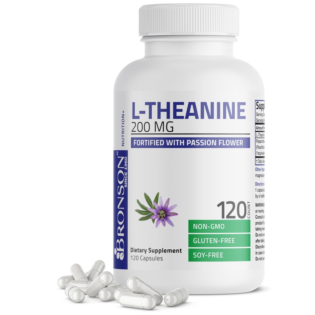 Bronson L- Theanine 200mg (Double- Strength) med Passion Flower Herb, Non- GMO Gluten- Free Soy- Free Stress Management Supplement, 120 Kapsler