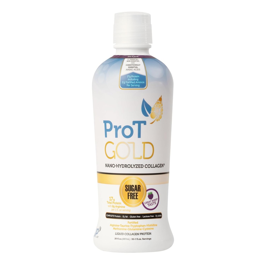 ProT guld flydende kollagen Protein Shot, 17g klar protein Nano- hydrolyseret Græs Fed Collagen, 2g Arginin for Sår Support, Gluten Free, Sukker Free, 0g Carbs, Ikke GMO, Berry, 30 fl oz Flaske