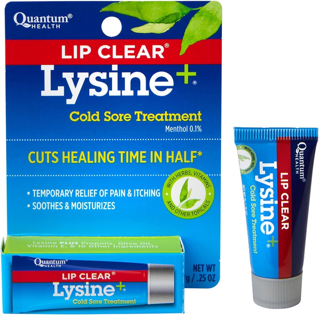 Quantural Health Lip Clear Lysin + Cold Sore Treatment Soothe & Moisturize Mouth Sores - L- Lysin Menthol Calendula & Propolis Salve - Transparent Fever Blister Healing Balm - 0,25 Oz