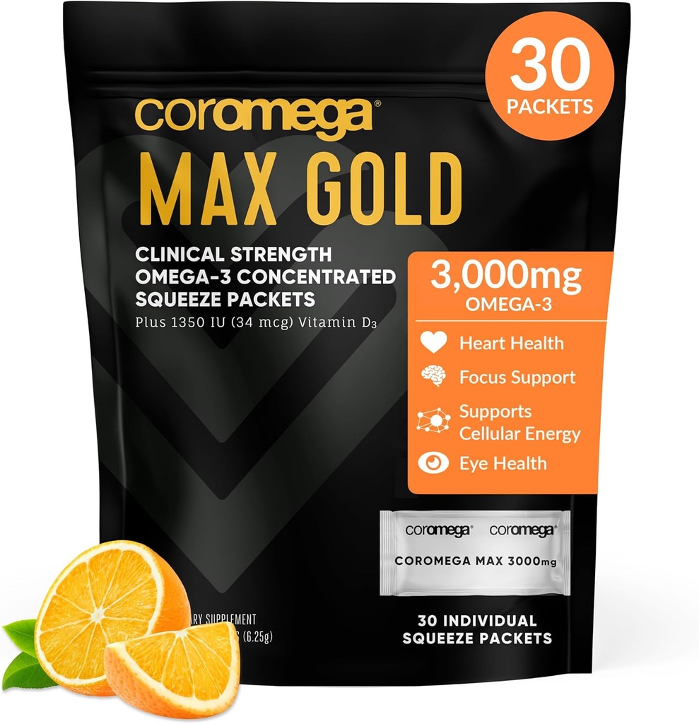 Coromega MAX Gold 3000mg Omega-3 Fish Oil + D-vitamin squeeze Packets, Wild- Fanget, ingen Fishy Taste - 3X bedre absorption end Softels, understøtter hjerne & hjerte sundhed (30 Servere, Orange Flavor)