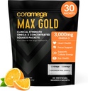 Coromega MAX Gold 3000mg Omega-3 Fish Oil + D-vitamin squeeze Packets, Wild- Fanget, ingen Fishy Taste - 3X bedre absorption end Softels, understøtter hjerne & hjerte sundhed (30 Servere, Orange Flavor)