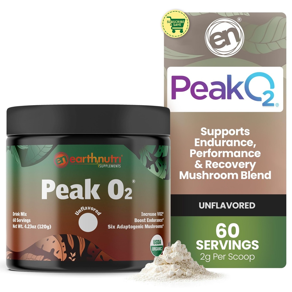 EarthNutri PeakO2 træningstillæg - Mushroom supplement til Pre Workout Endurance & Athletic Performance - Ingen tilsætningsstoffer, Ingen Fillers - Understøtter Stamina, Styrke & Inddrivelse - 60 Serveringer
