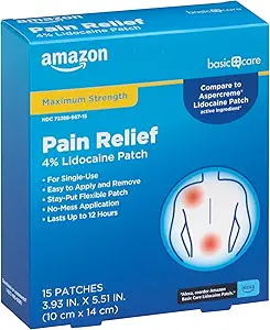 Basic Care Maximum Strength OTC Pain Relief, 4% Lidocain Patch, 3,9 "x 5,5", 15 - Count Box (Tidligere HealthWise)