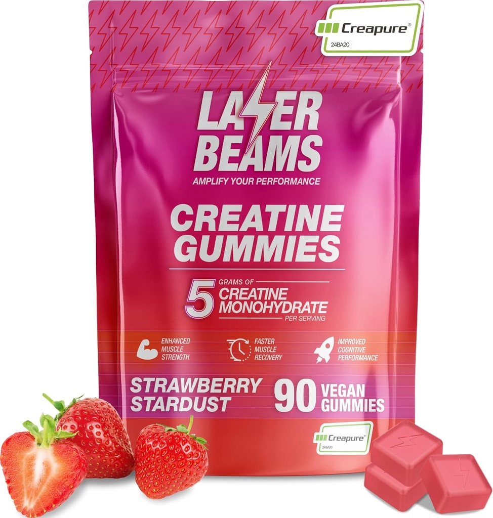 Creatin Monohydrate Gummies - 5g Creapure Creatin per Serving - Vegan - Boost Muscle Strength, Endurance, Recovery & Mental Focus - 90 Gummies, Gluten- Free (Strawberry)