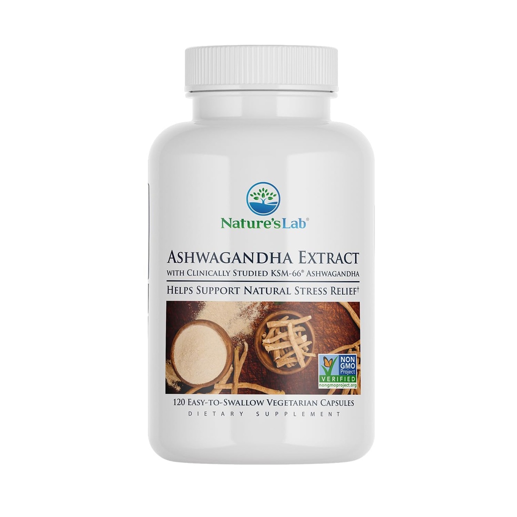 Nature 's Lab Extra Strength Ashwagandha KSM 66 Extract - 5% Withanolides, Pure Organic Ashwagandha Root Powder - Understøtter Stress Relief, Focus and Strength Support * - 120 Ct (60 dages forsyning)