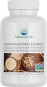 Nature 's Lab Extra Strength Ashwagandha KSM 66 Extract - 5% Withanolides, Pure Organic Ashwagandha Root Powder - Understøtter Stress Relief, Focus and Strength Support * - 120 Ct (60 dages forsyning)