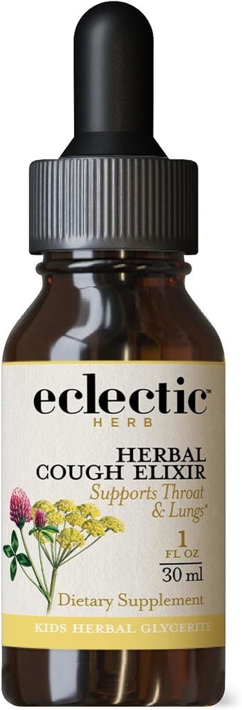 Eclectic Institute Kids, Herbal Cough Elixir, Black Cherry Flavored • 124; Non- GMO, Gluten- Free • 124; 1 fl oz (30 ml)