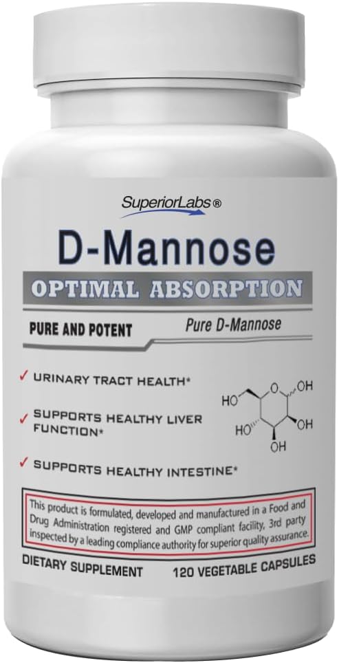 Superior Labs D- Mannose 500 mg, Pure Non- GMO Optimal Absorption Prebiotic, Urinary Tract, Brege & Nyre UTI Support, fordøjelse & leversygdom, IC Relief for kvinder & mænd, 120 Veg Caps