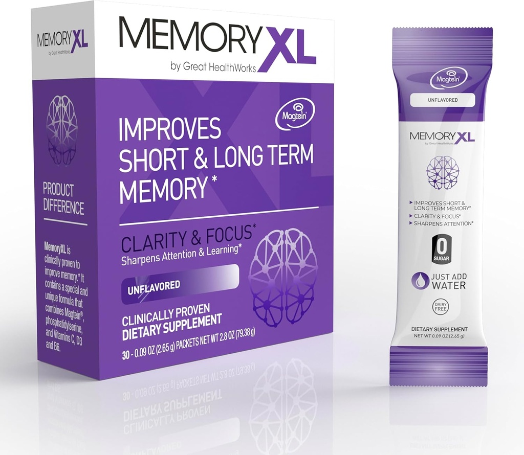 MemoryXL, Magnesium L- Threonate: Brain Supplement for Memory & Focus; Magtein ®, Phosphatidylserin, Vitamin Mix. Forbedrer Memory Focus Learning & Logic. 0 Sukker, 0 Cal, 30pk Unflavored