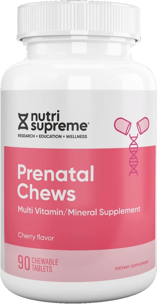 Nutri Supreme Prenatal Vitamin, Chewable Prenatal Vitamin til kvinder med 800 MCG folat, Komplet graviditet Multivitamin med jern, Kosher, Cherry Flavor, 90 Greve
