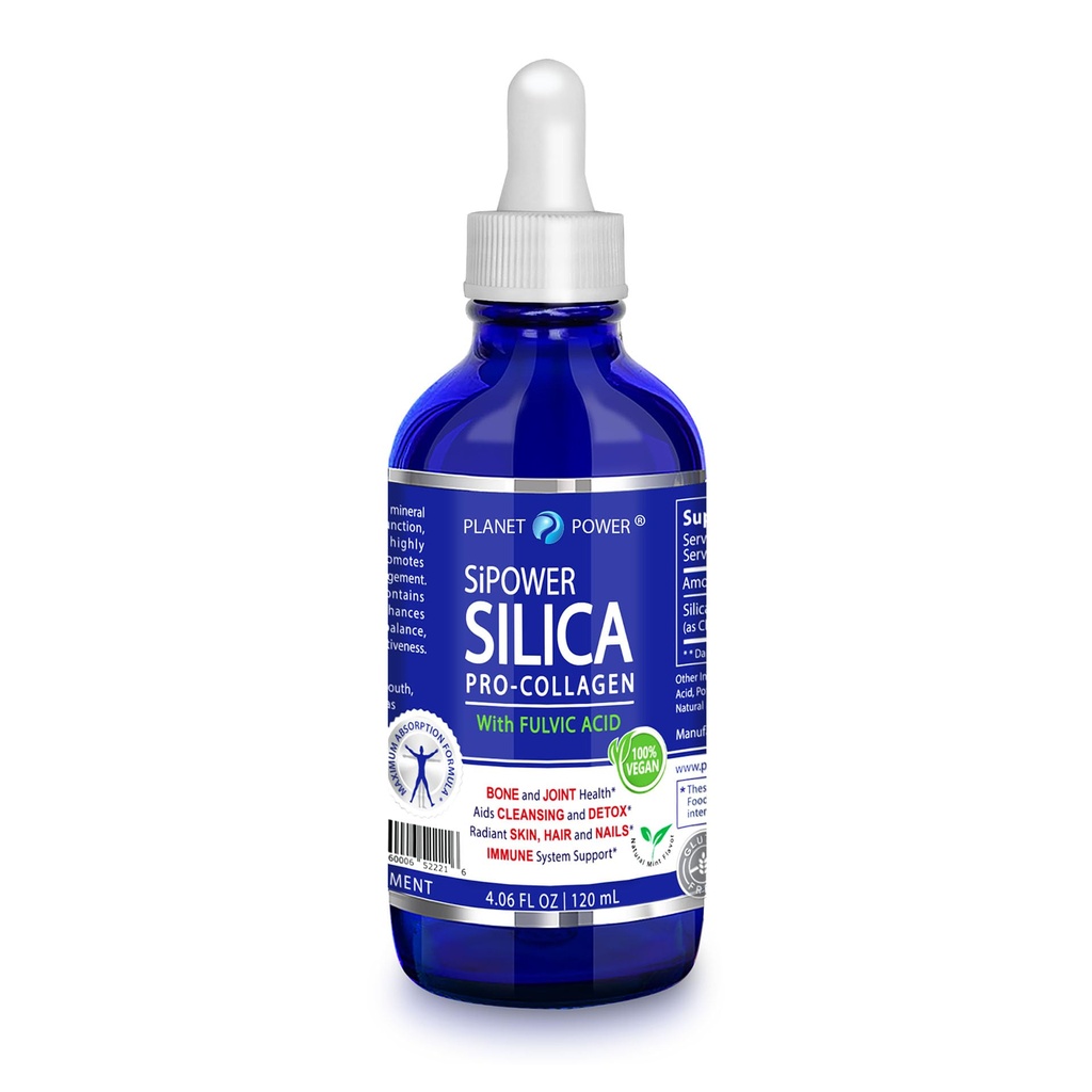 SiPower Silica Vegan Collagen, Supplement Drops- Liquid Mineral Orthosilic Acid (CH- OSA) + Fulvic Acid. Naturlig collagen booster for joints, knogler, hår, hud, negle, immunforsvar & fordøjelsessygdomme-4oz