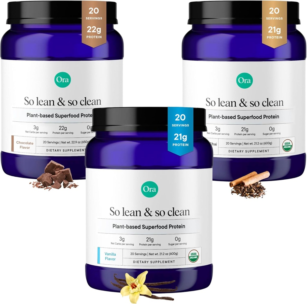 Ora Organic Protein Powder Vanilla, Chocolate & Vanilla Chai Bundle: 21g Plant Based, Vanilla, Vanilla Chai, 20 Servere + 22g Plant Based, Chocolate, 20 Servere