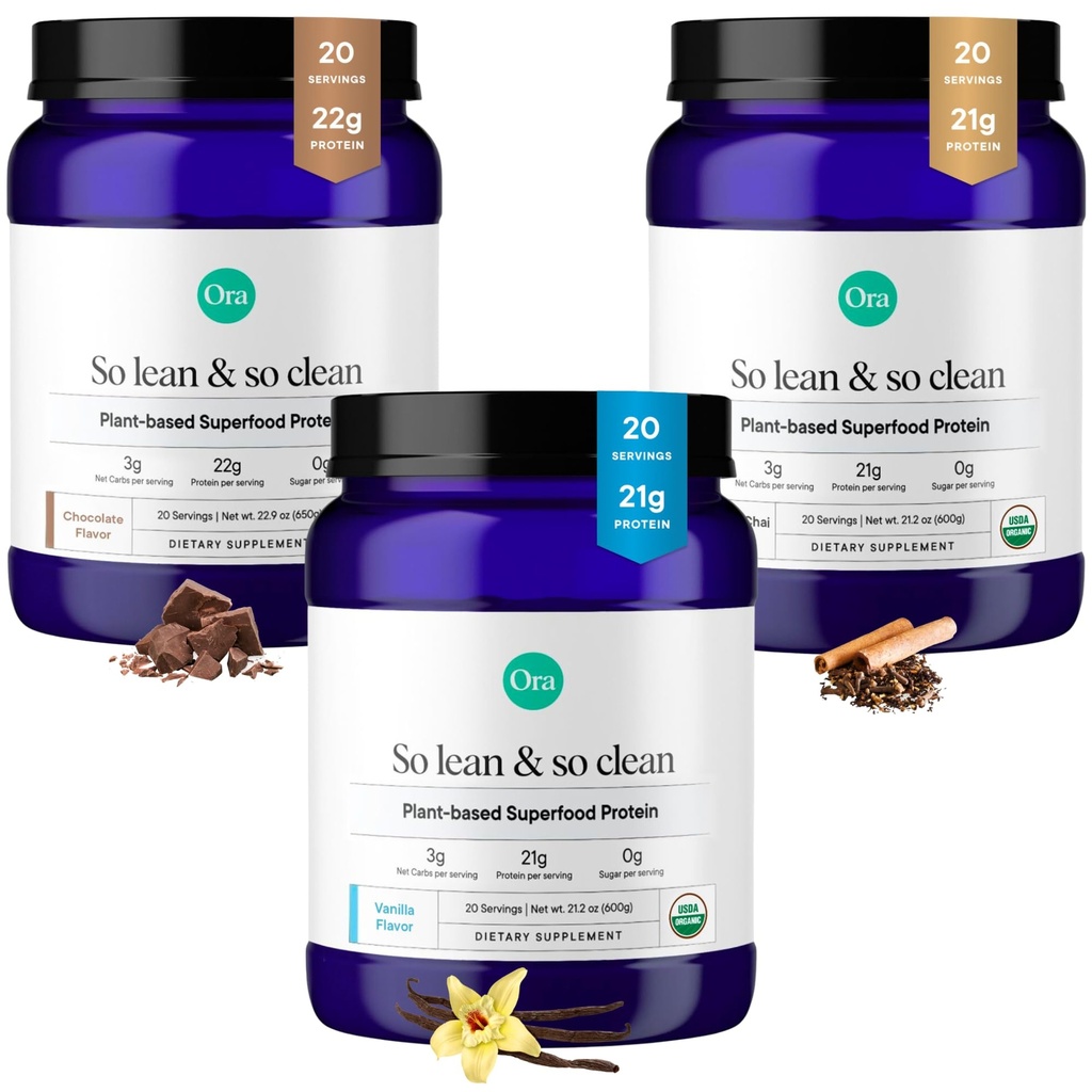 Ora Organic Protein Powder Vanilla, Chocolate & Vanilla Chai Bundle: 21g Plant Based, Vanilla, Vanilla Chai, 20 Servere + 22g Plant Based, Chocolate, 20 Servere