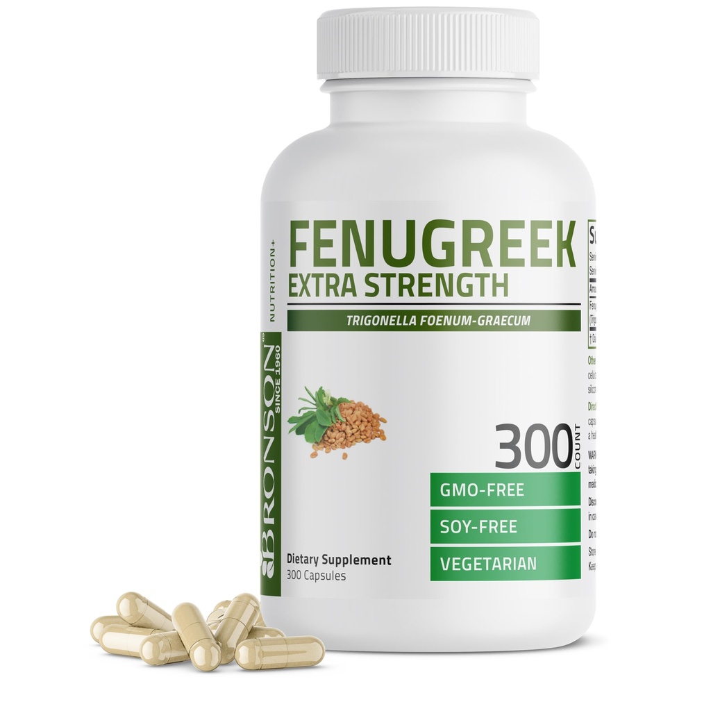 Bronson Fenugreek frø pulver kapsler ekstra styrke, Trigonella Foenum- Graecum, Non- GMO, Soy- Free, Vegetar, 300 kapsler