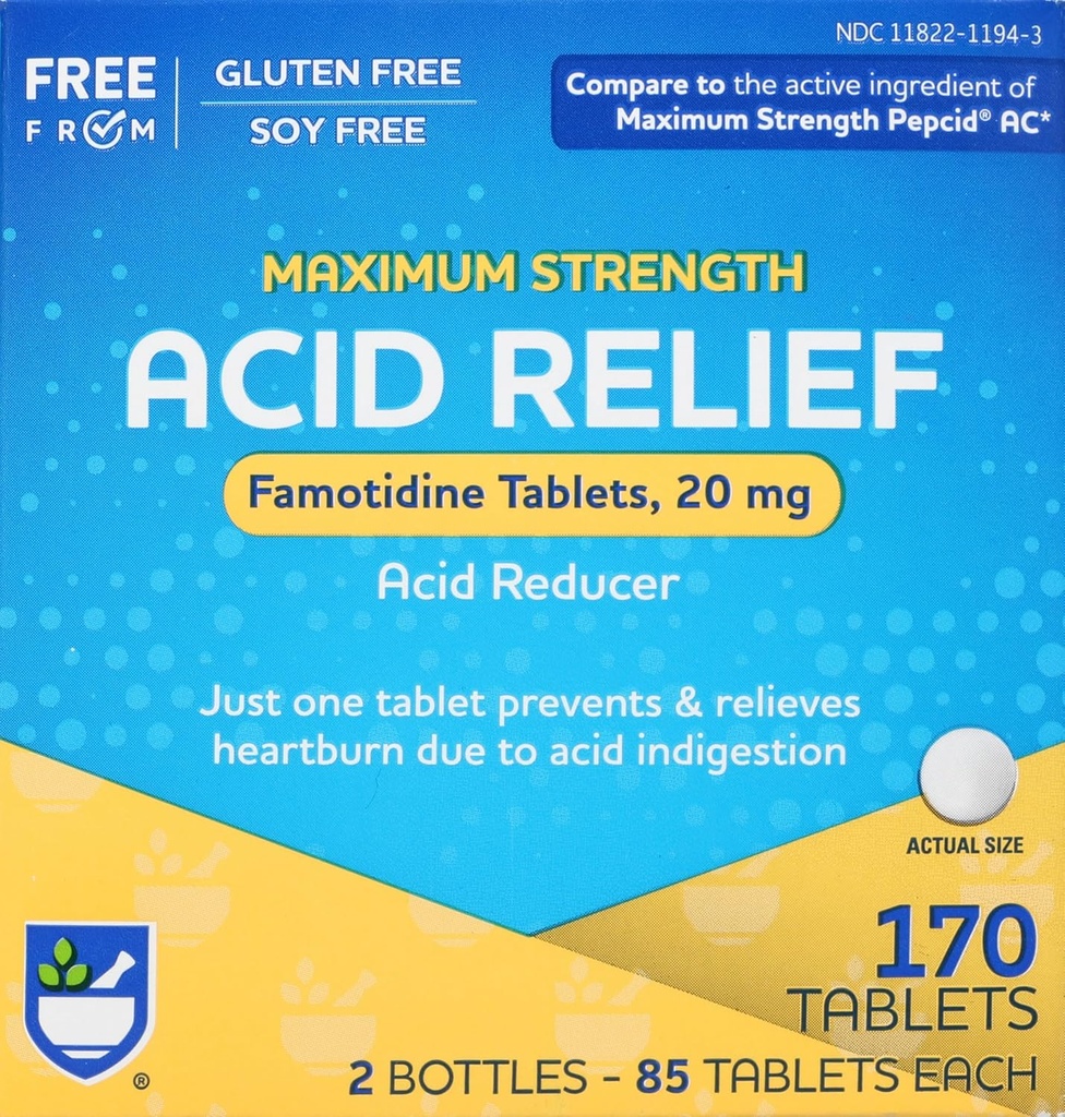 Rite Aid Reducer, maksimal styrke Famotidine tabletter, 20 mg - 2 Flasker, 85 Tæl hver (170 Tæl i alt)