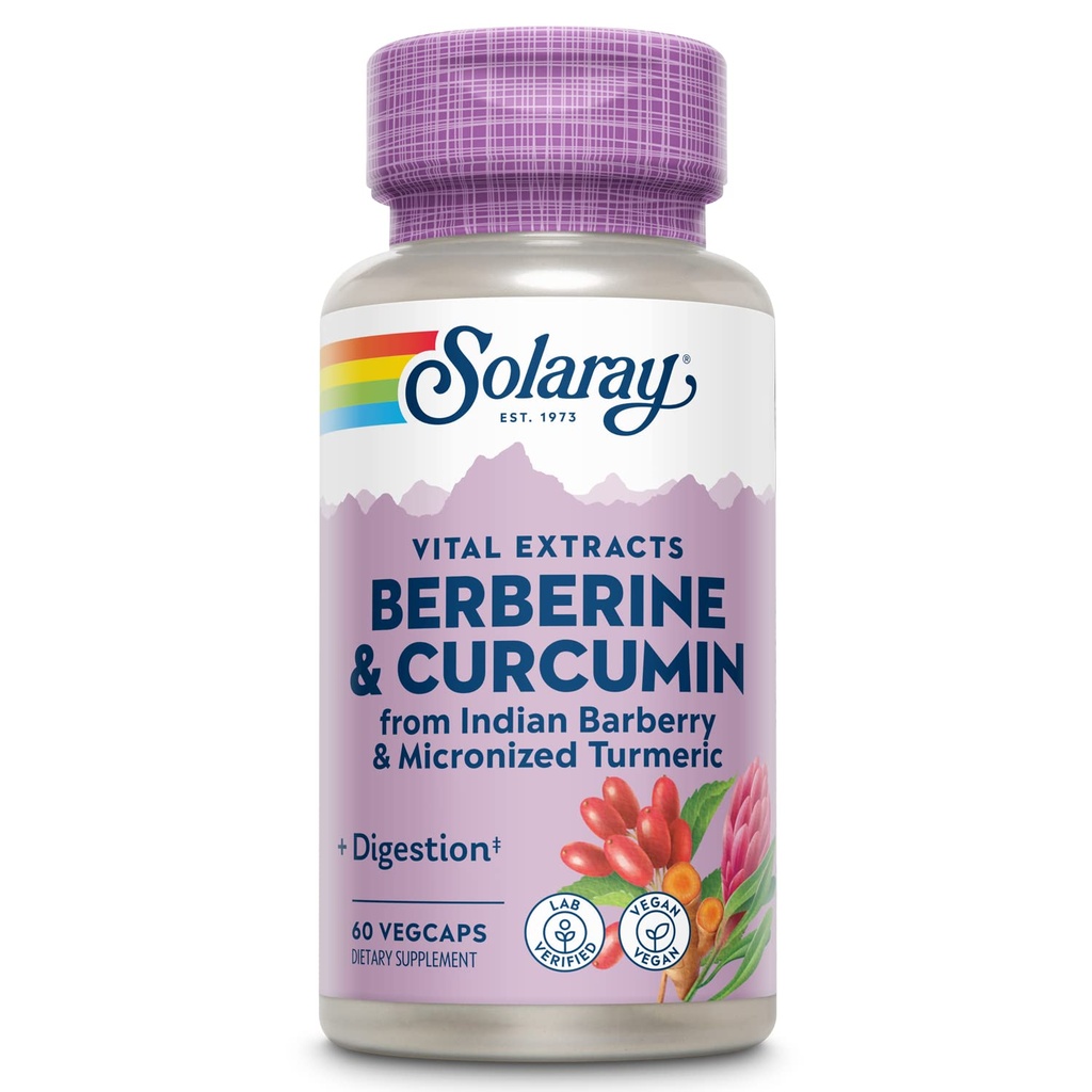 SOLARAY Berberine & Curcumin - Berberine Gurkemeje Supplement med 20% Mikroniseret Curcumin fra gurkemeje Root - Urte Wellness Support - Non- GMO, Vegan, Gluten Free, 60- Day Garanti, 60 Servere