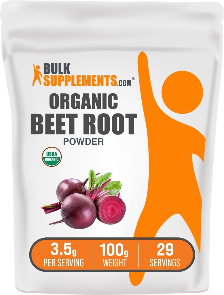 BulkSupplements.com Organic Beet Root Powder - Superfood Supplement, Beet Root Supplements - Vegan & Gluten Free, 3,5g per Serving, 100g (3,5 oz) (pakke med 1)