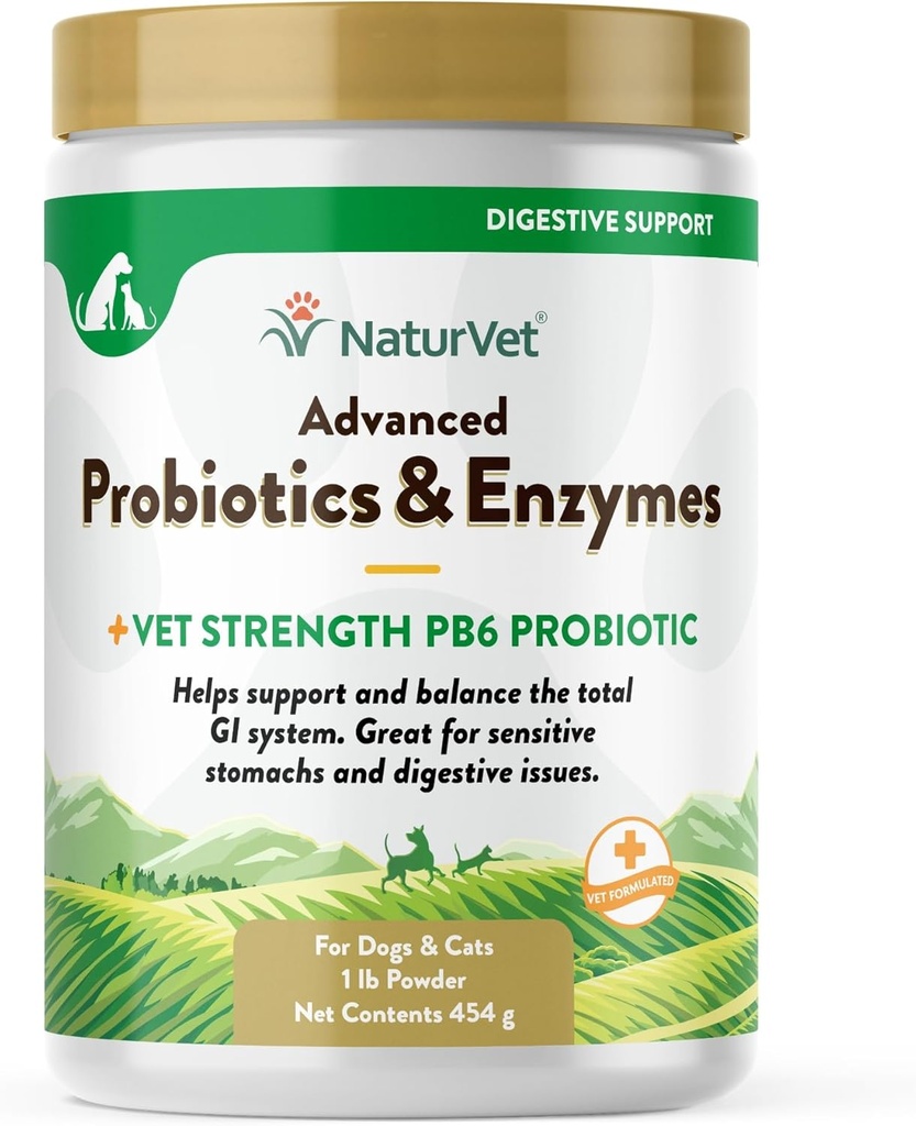 NaturVet - Advanced Probiotics & Enzymes - Plus Vet Strength PB6 Probiotisk Name 124; Understøtter og Balancer Kæledyr med sensitive stomachs & fordøjelsesmæssige spørgsmål