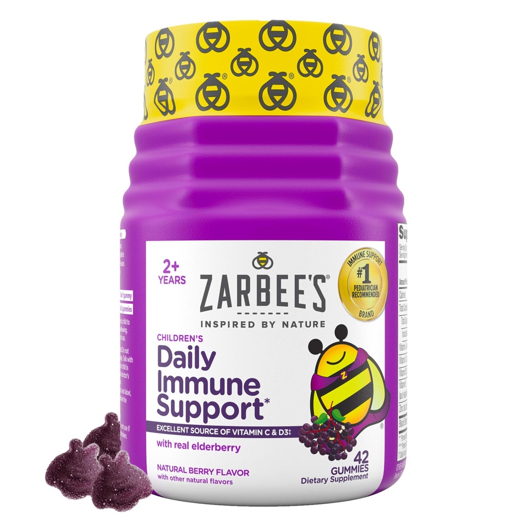 Zarbee 's Kids Elderberry Immunitet Support Gummies, Vitaminer A C D3 E & Zink, Elderberry Extract, Gluten & Gelatine Free, Ingen kunstige flavors, Natural Berry Flavor, Age 2 +, 42 Ct