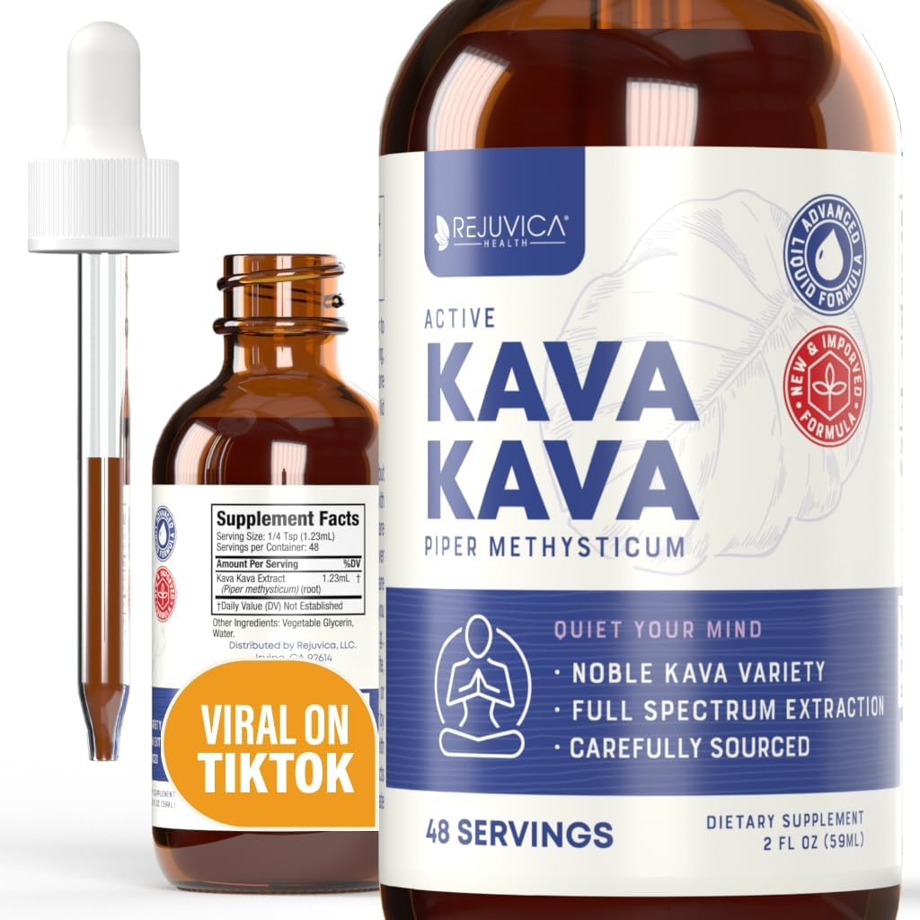 Rejuvica Health Kava Kava Root Extract Supplement - Active Kava Kava - Potent afslapning & Calm - flydende ekstrakt - Piper Methysticum - Noble Variety - naturligt occurring Kavalactoner - 48 Serveringer