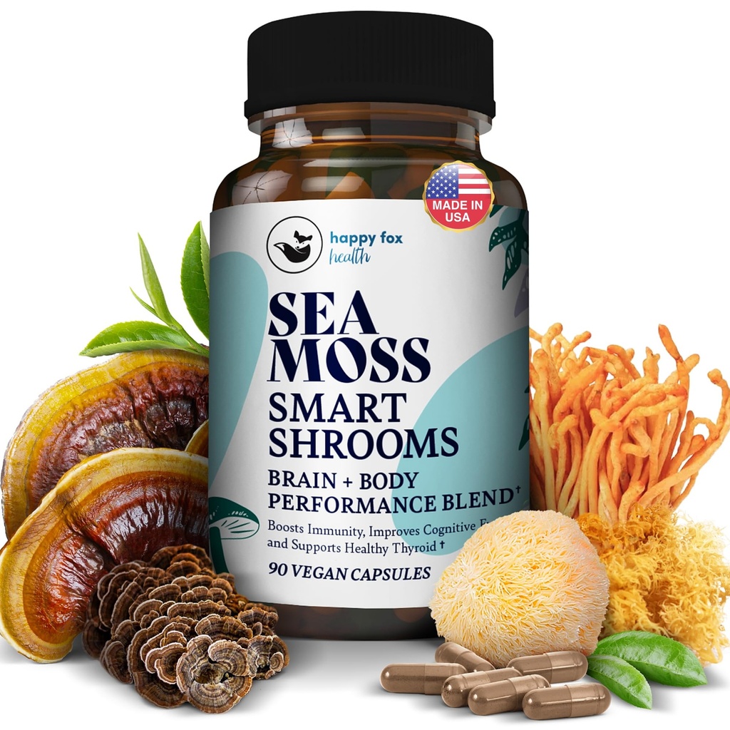 HAPPY FOX Irish Sea Moss Capsules & Mushroom Complex - Organic Seamoss med Adaptogens for Brain Health, 1500mg, 90 Vegan Capsules, Organic Mushroom Supplement