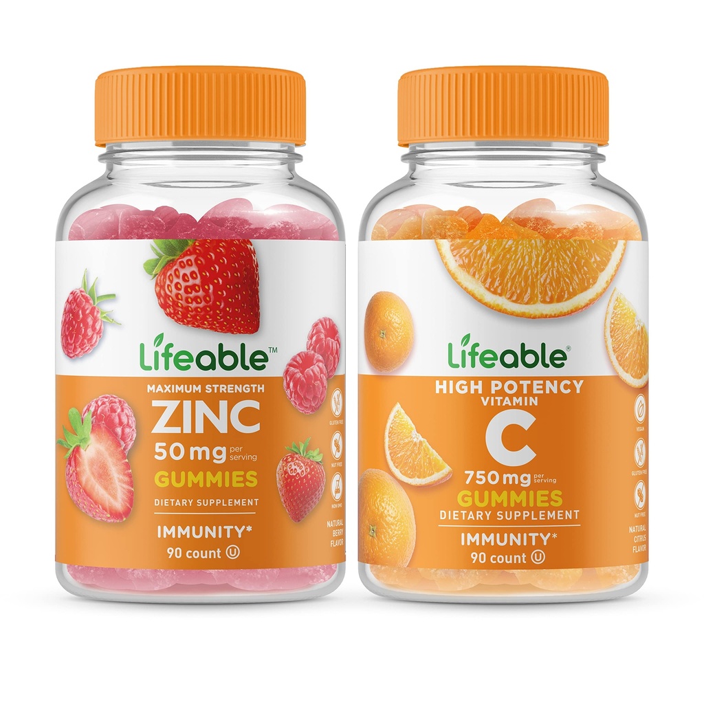 Lifeable Zink 50mg + C-vitamin 750mg, Gummies Bundle - Great Tasting, Vitamin Supplement, Gluten fri, GMO fri, Chewable Gummy