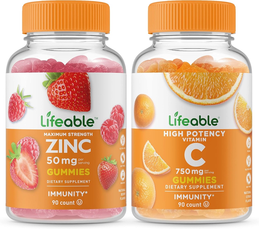 Lifeable Zink 50mg + C-vitamin 750mg, Gummies Bundle - Great Tasting, Vitamin Supplement, Gluten fri, GMO fri, Chewable Gummy