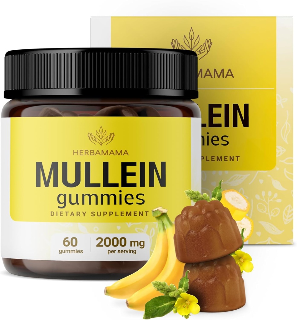 HERBAMAMA Mullein Gummies for Lungs - 2000mg Mullein Leaf for Lung Detox & Cleanse - Vegan, non-GMO, Respiratory Support Supplement - 60 Pectin- Based Banana -Flavored Chews