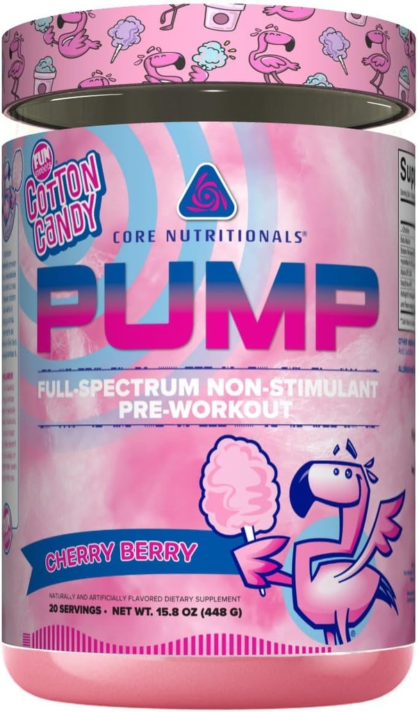 Core Nutritionals Pump Full- Spectrum Non- Stimulant Pre- Workout, med N03T Nitrat, Peak02, Alpha GPC, for maksimal Pump, Styrke og ydeevne 20 Servering (Fun Sweets Cotton Candy ™ Cherry Berry)