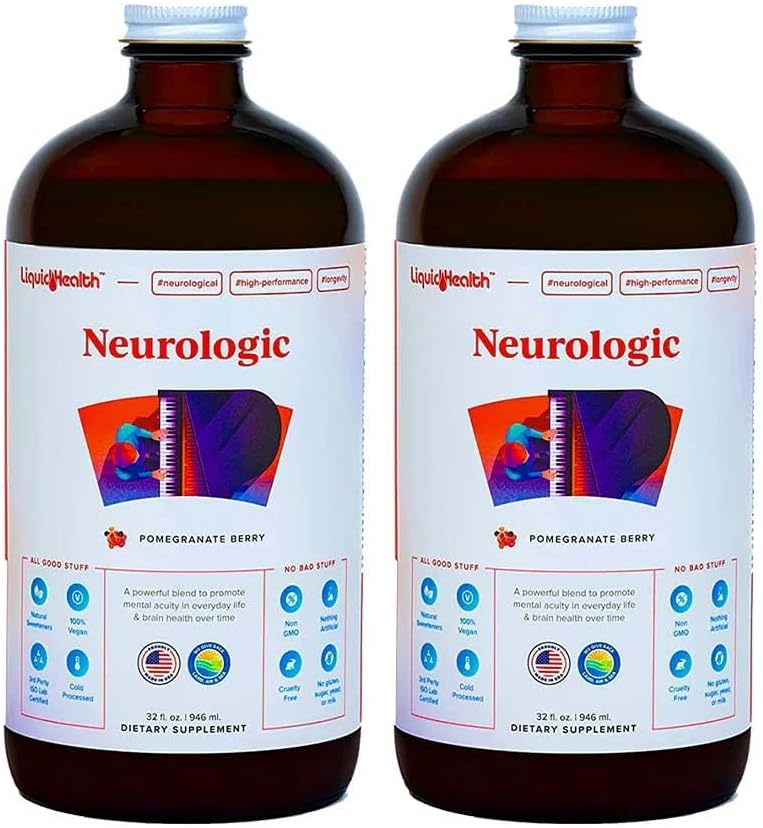 LIQUIDHealth Neurologic Focus Supplement - Brain Booster Nootrop Supplement til kognitiv funktion, hukommelse & fokus med Ginkgo Biloba, Cholin, L- Theanine & Phosphatidylserin - USA Made (2 Pack)