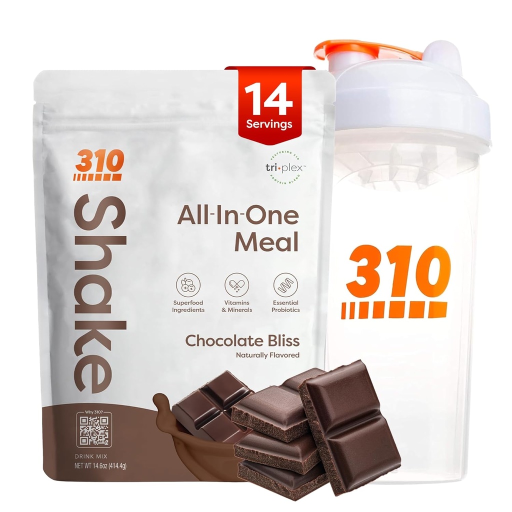 310 Nutrition All- in- One Meal Erstatning Shake Powder w / Shaker Cup Starter Kit - High Protein Fiber Rich Vegan Superfood Blend - Sugar- Free, Keto & Paleo Friendly, Low Carb - Chokolade Bliss 14 srv