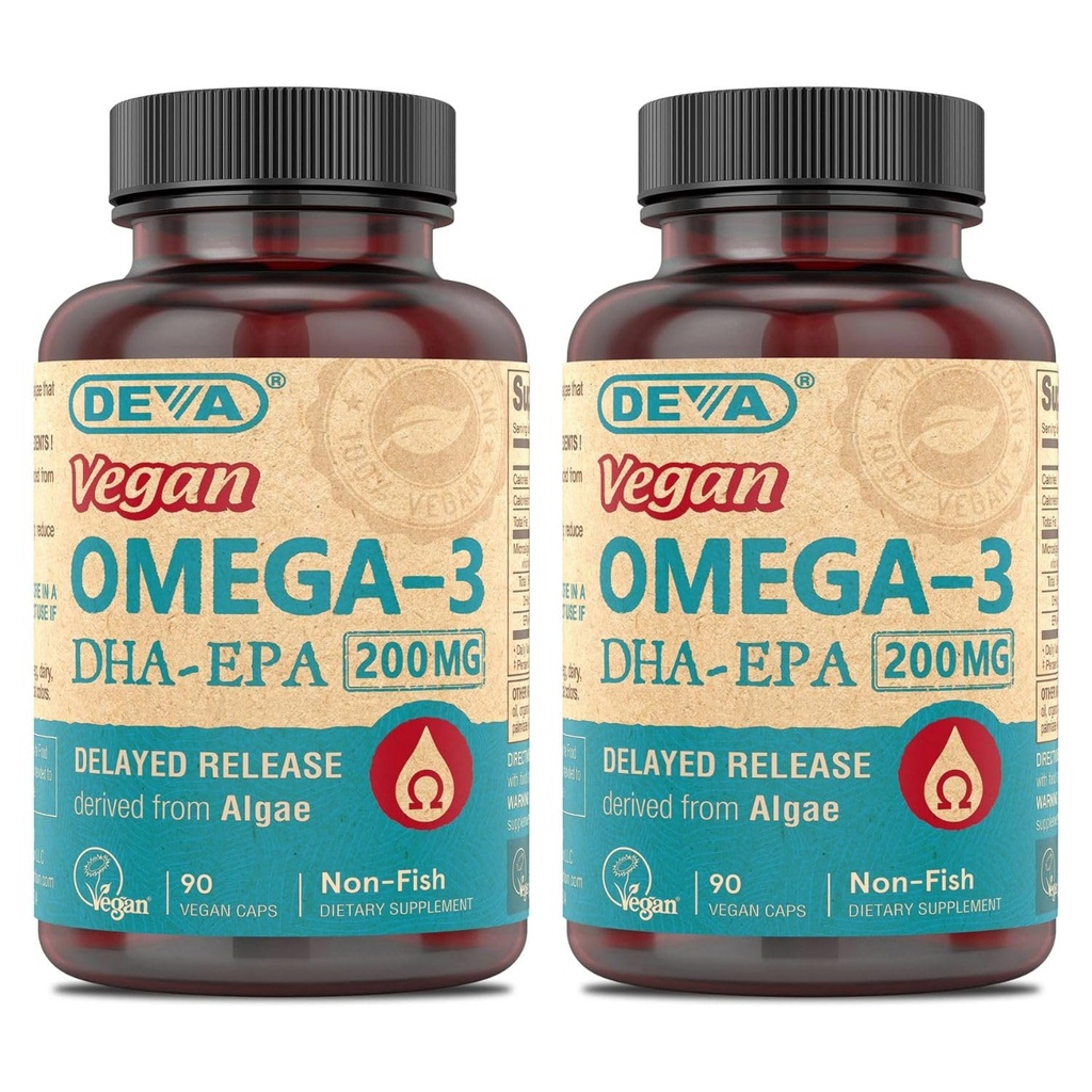 DEVA Vegan Omega-3 DHA- EPA, fra Micro Algae, Forsinket Udgivelse, 90 Vegan Kapsler (pakke med 2)