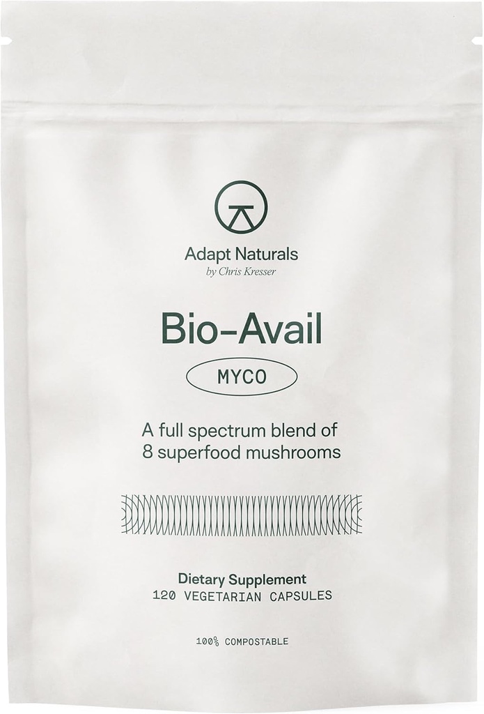 Adapt Naturals Bio- Avail Myco - 8-in-1 Biotilgængelig Mushroom Supplement Mushroom Complex - Chaga, Cordyceps, Reishi, Lions Mane - Blodtryk, hukommelse, immunforsvar - 120 kapsler