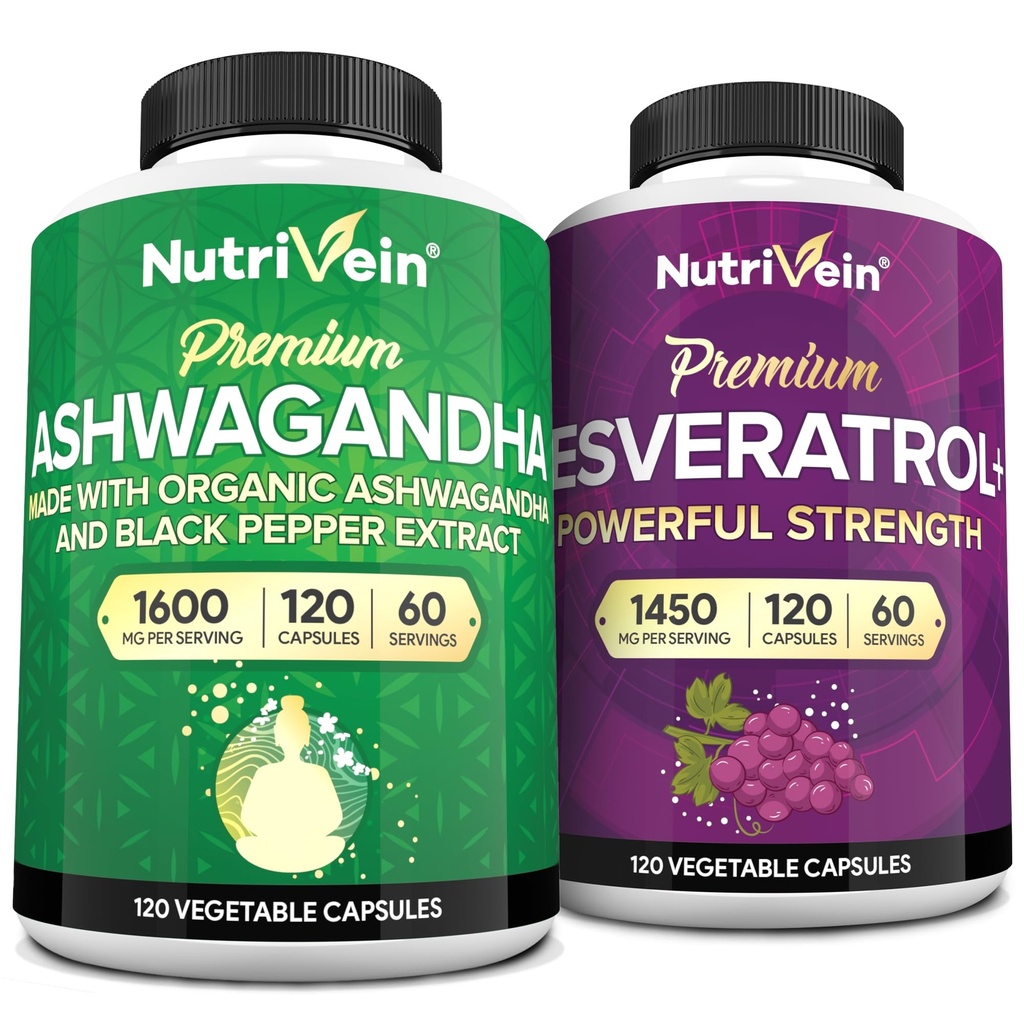 Nutrivein Premium Ashwagandha Kapsler & Resveratrol Supplement Bundle: High- Absorption Resveratrol Kapsler og Ashwagandha Kosttilskud til Balance, Vitality, & Reparation