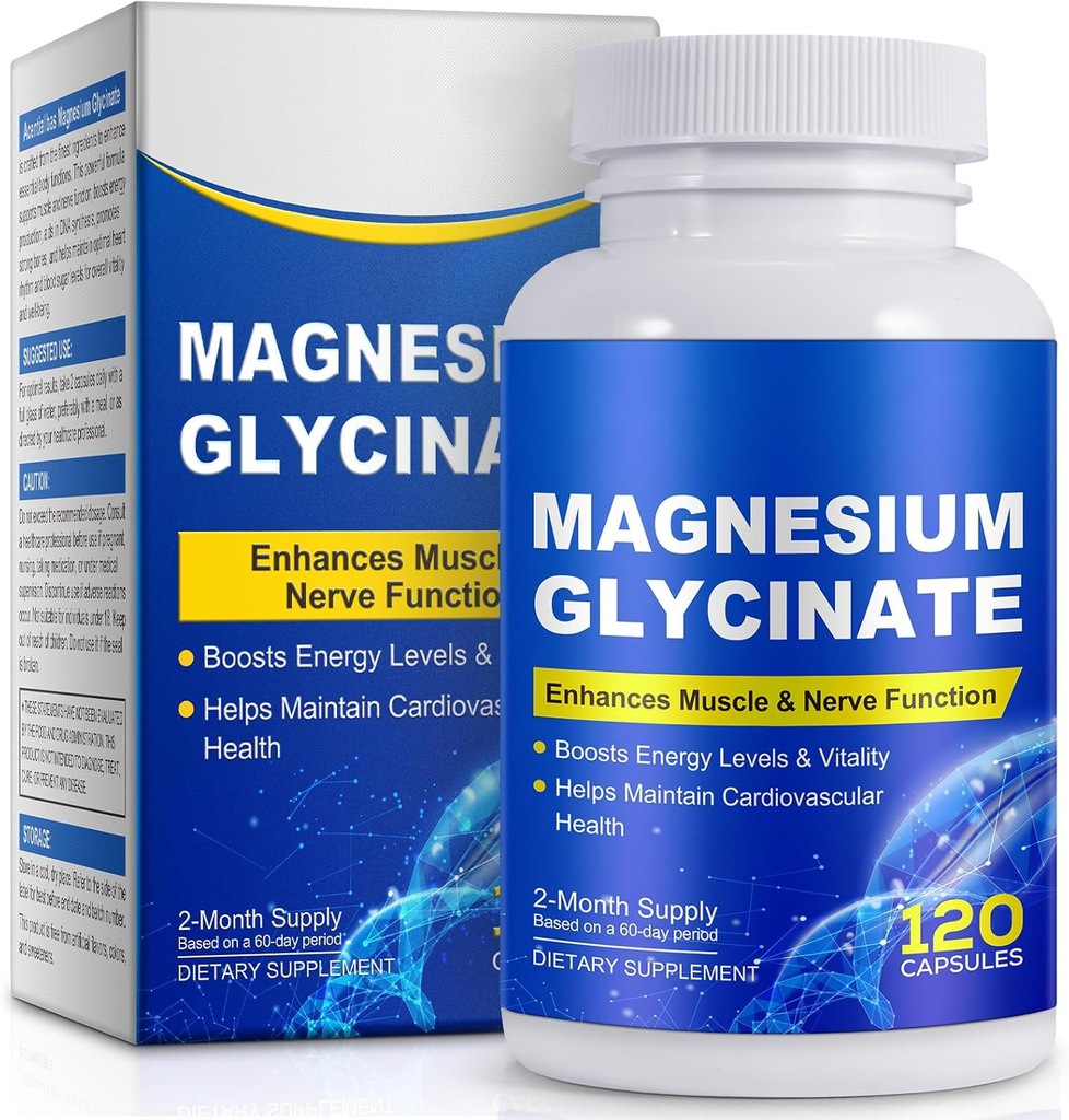 Magnesium Glycinat til søvn, mad, hjerne, høj Absorption 120 Capslies supplement, elementært Magnesium med 100 mg calcium - stærkt biotilgængelig - med vitamin D3 & K2